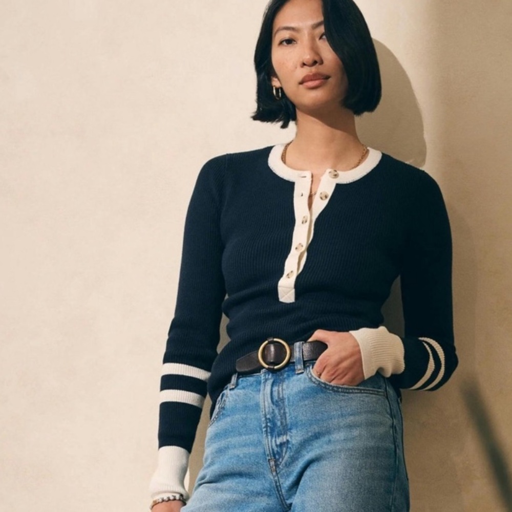 Faherty Navy and Cream Ribbed Henley Sweater